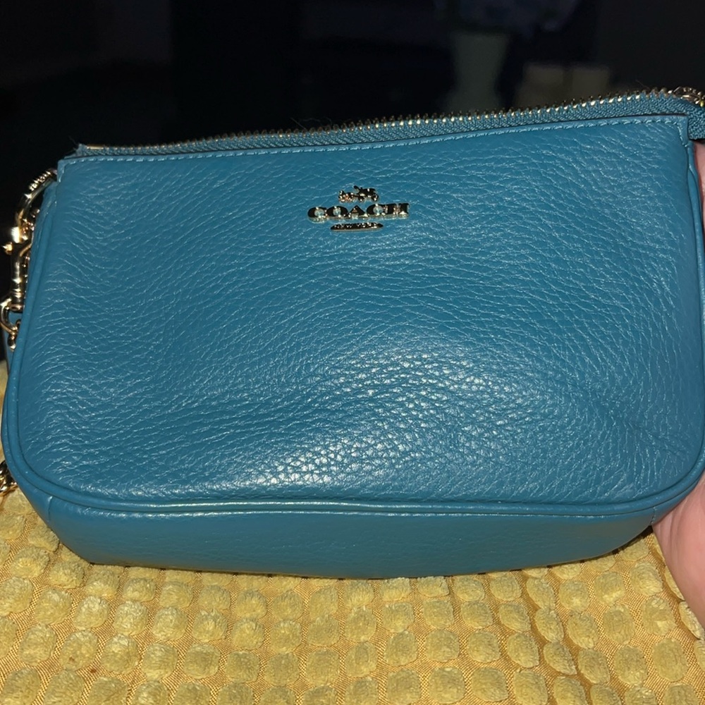 COACH Dark Teal Leather Wristlet or small purse with Gold Chain Strap